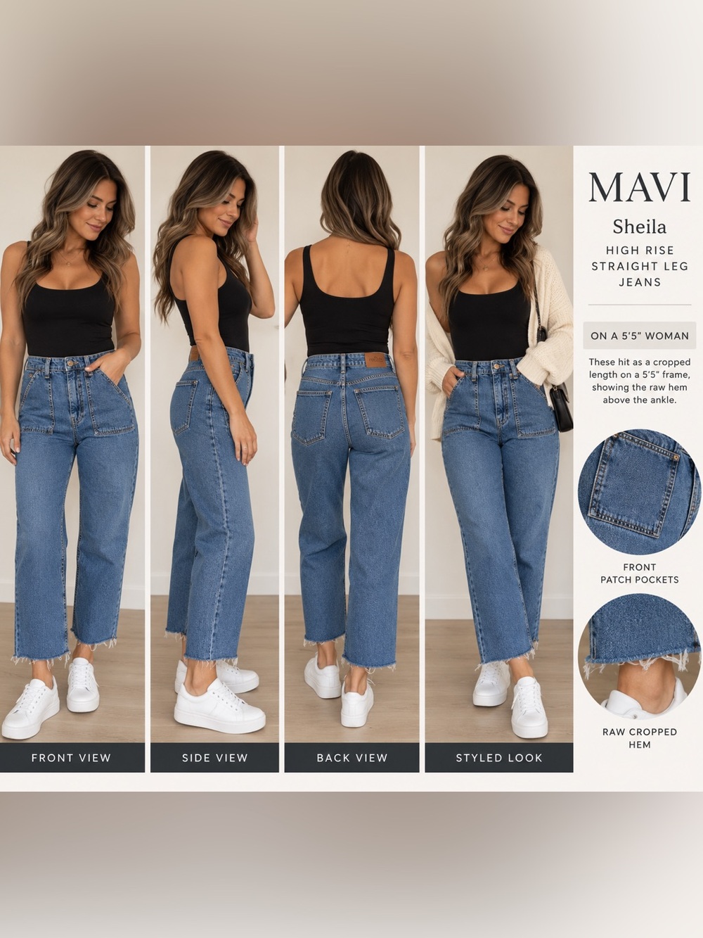 Mavi Sheila High Rise Straight Leg Jeans Raw Hem Cropped